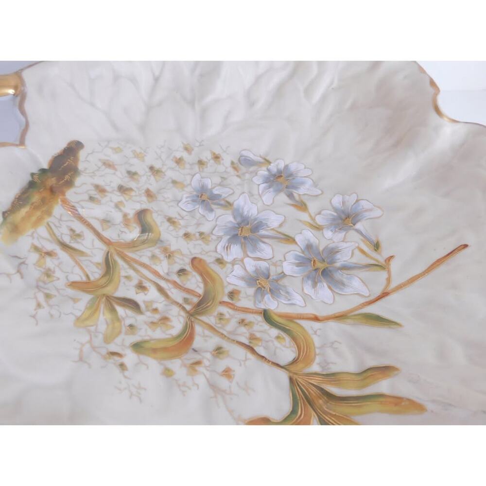 Antique Victoria Carlsbad Austria Porcelain Leaf Platter Gilded Floral Tray - Picture 11 of 11